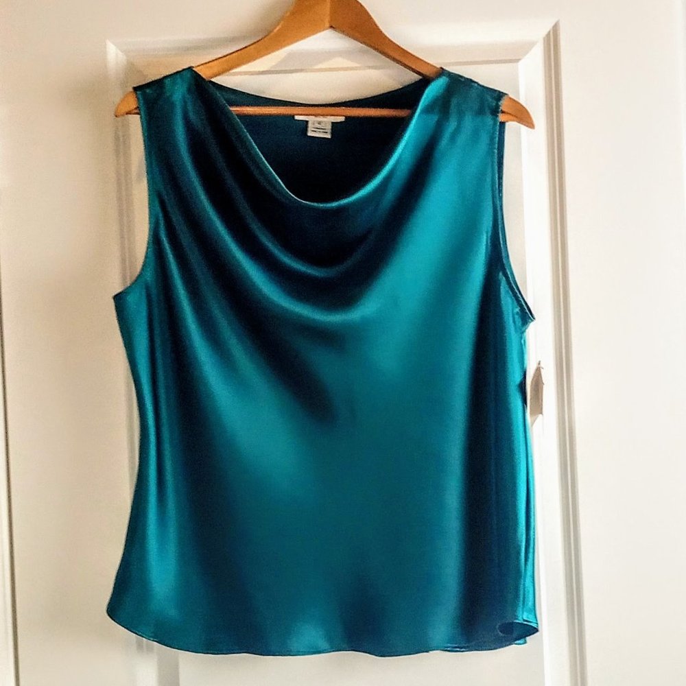 Dorman Teal 100% Silk Cowl Neck Sleeveless Top NWT